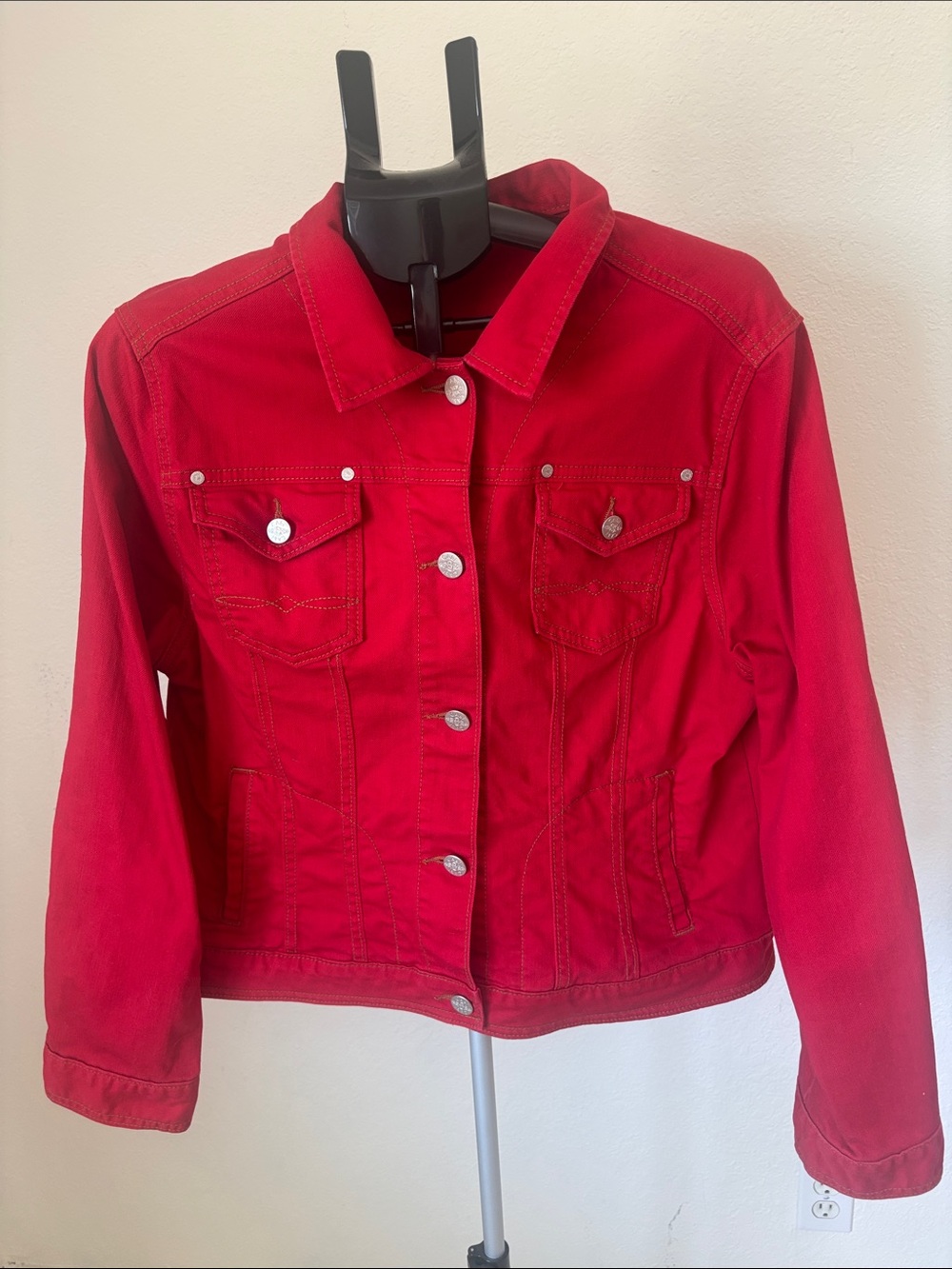 CAbi Vibrant Red Denim Jacket with Silver Buttons